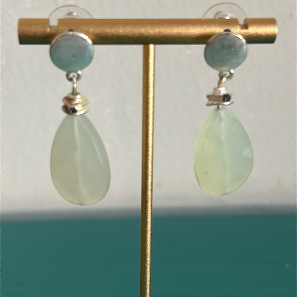 Prehnite Faceted Pear Shape Stone Drop Silver Disc Button Post Earrings
